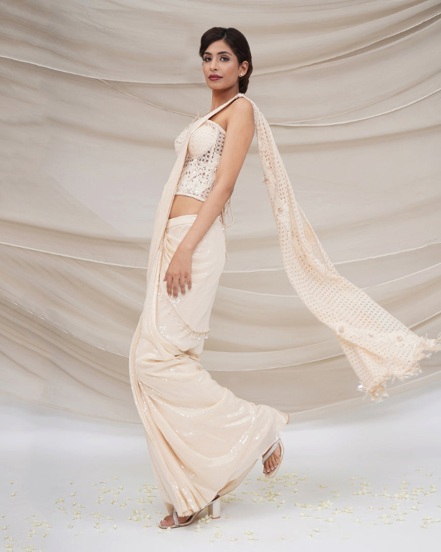 Mesh corset with drape sequin sari
