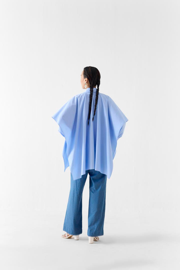 Azure Layered Poplin Shirt with Sequin Embroidered Paisley Collar