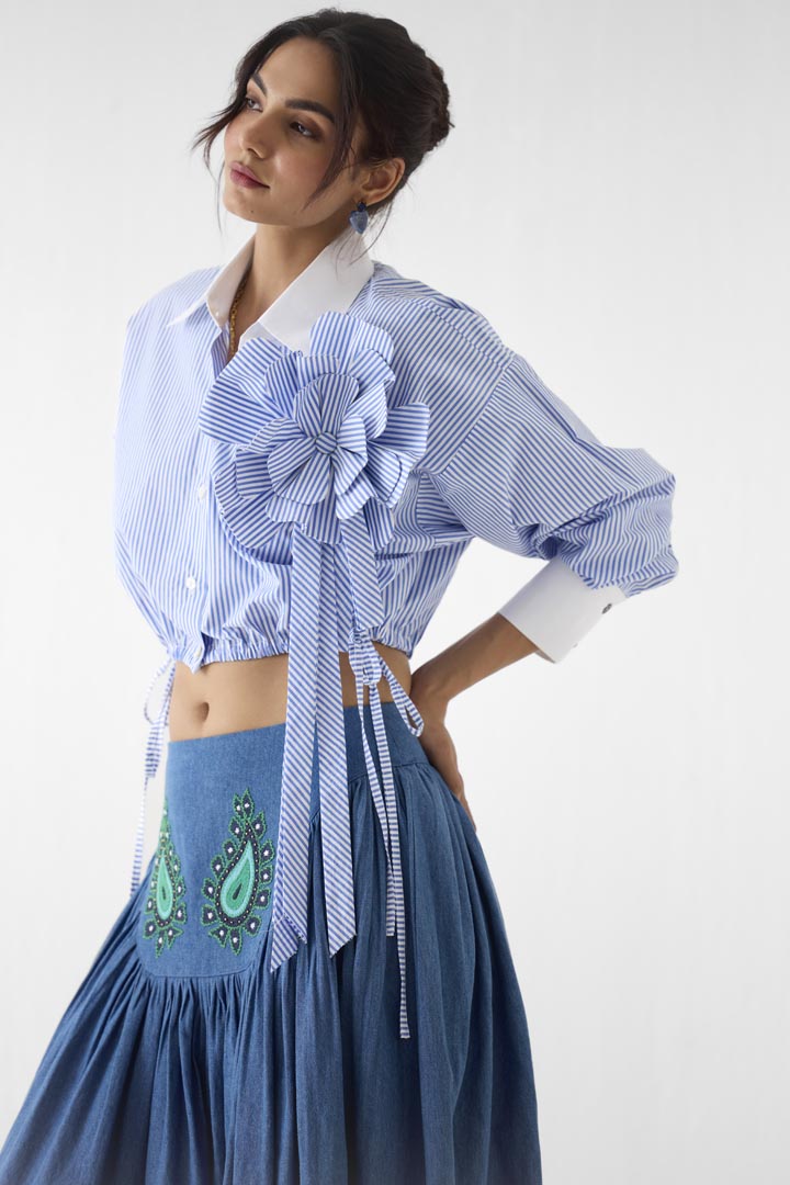 Azure Striped Poplin Crop Shirt - Premium Summer Statement Wear