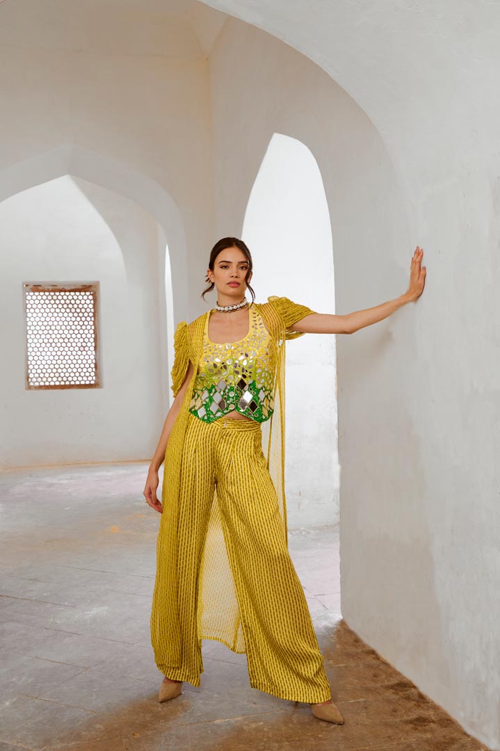 Image of Gulbahar lemon green Sheesha Koti with Chiffon jacket and loose pant set.