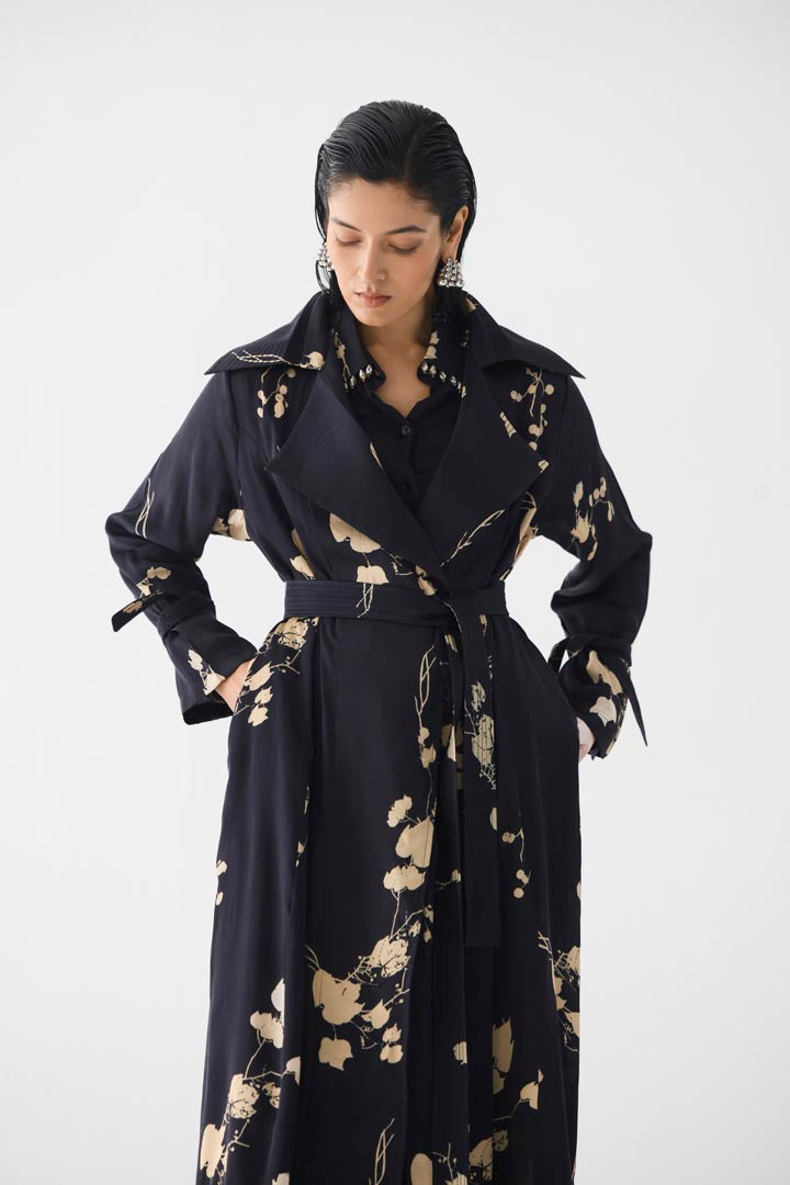 Black Sakura Vegan Silk Trench Coat - Premium Floral Outerwear