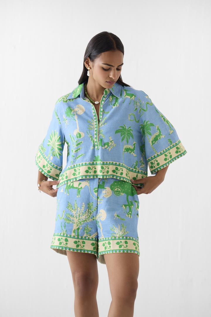 Nila Blue Printed Viscose Linen Crop Top and Shorts Co-ord Set