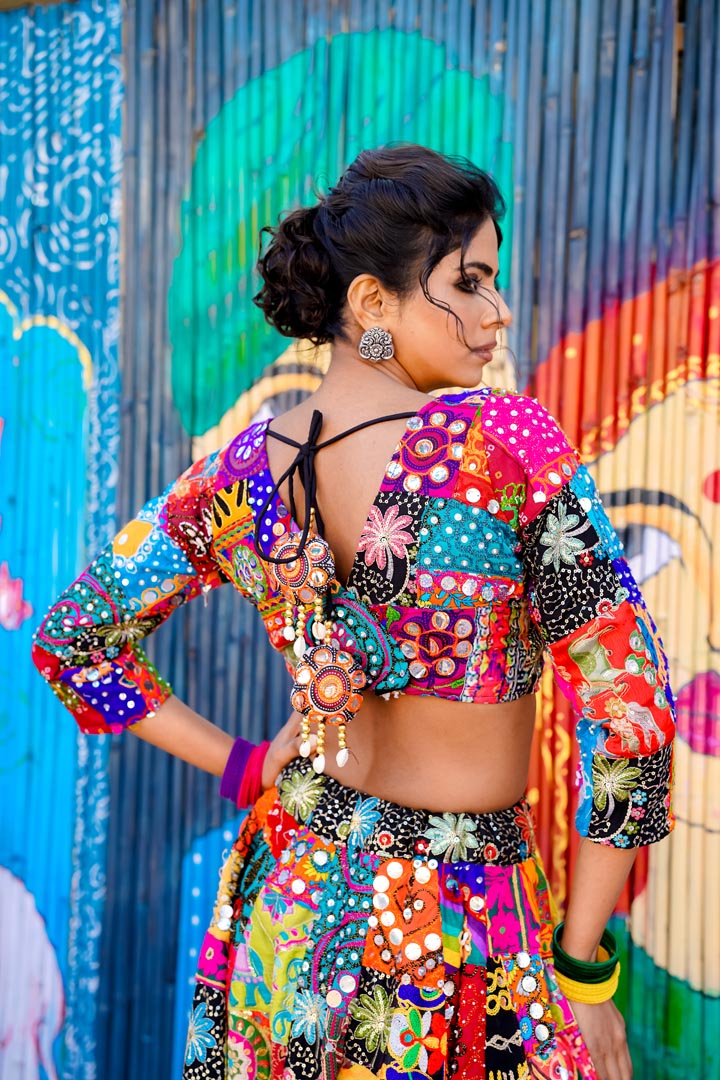 Katha ae Rang Patchwork Lehenga with Handcrafted Kutchi Mirror Work