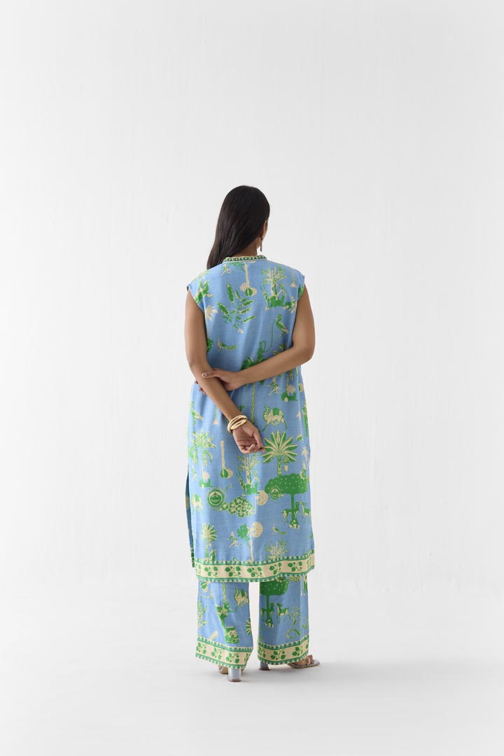 Nila Print Blue Viscose Linen Kurta and Pants Co-ord Set