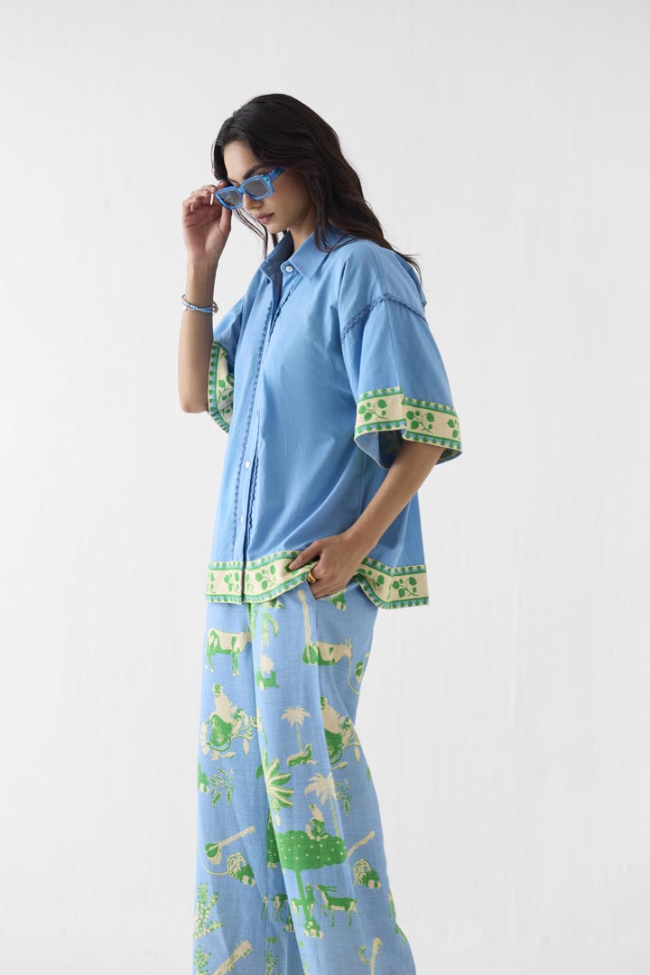 Nila Boxy Shirt & Trousers Blue Viscose Linen Co-ord Set