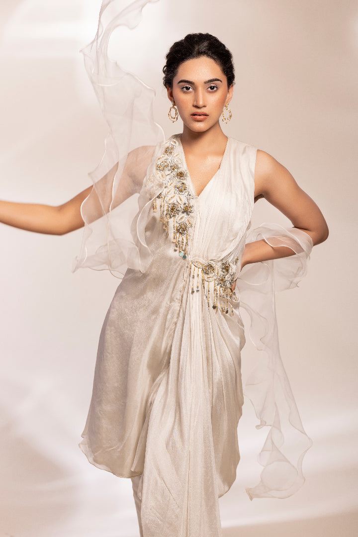 Fusion drape shirt with trousers and trousers with ruffle scarf