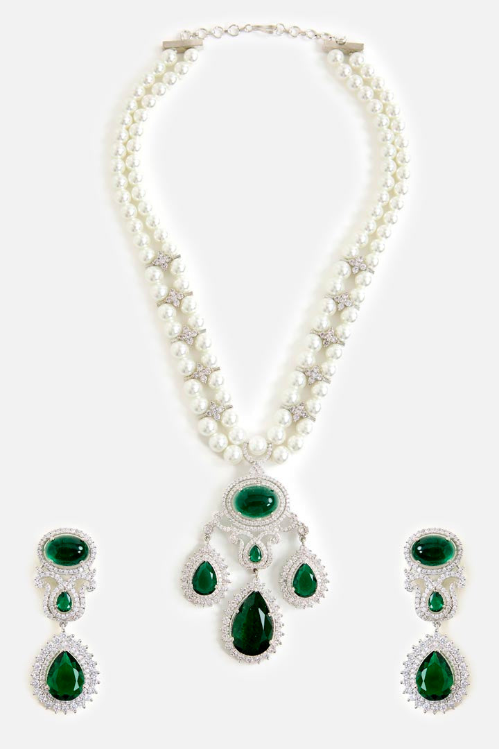 Pearl & Green Stone Statement Necklace Set