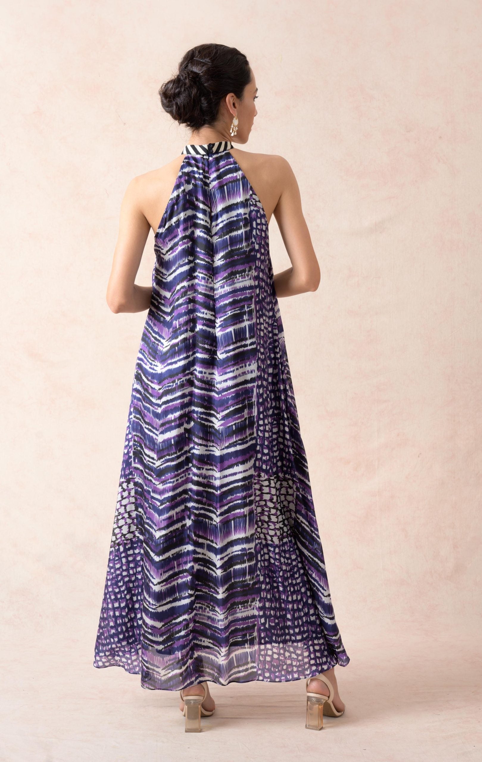 Abstract shades of purple with chevron weave halter neck bias dress with asymmetrical hemline