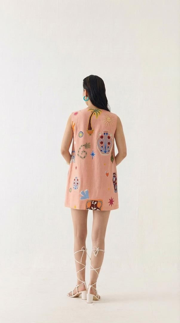 Pottery Print Viscose Linen Short Dress - Luxury Resort Shift