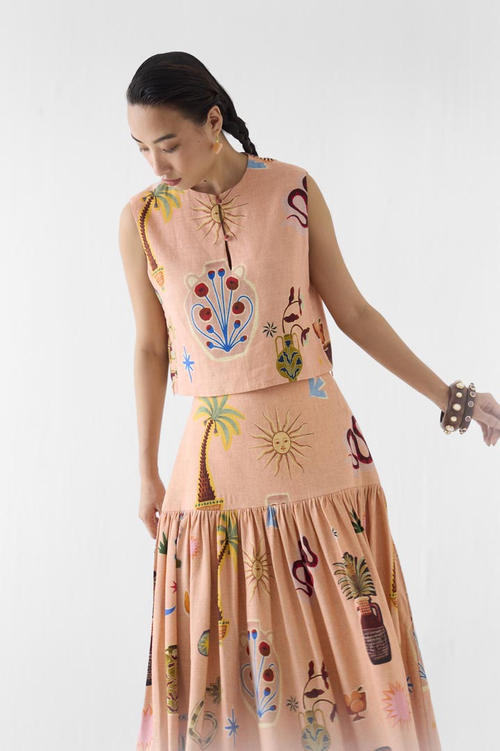 Pottery Print Viscose Linen Crop Top and Gathered Skirt Co-ord Set