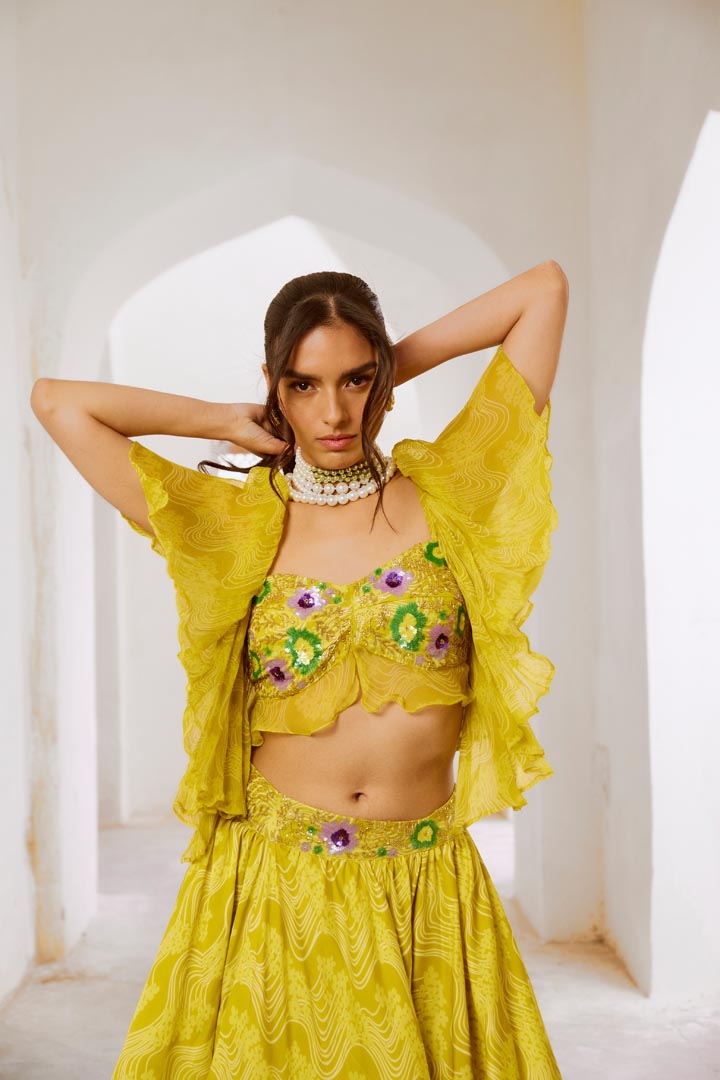 Image of Gulbahar Lemon green  butterfly boho blouse with flair skirt set