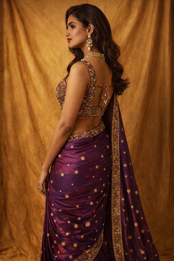 Plum Handcrafted Patchwork Saree with Metallic Mirror Work