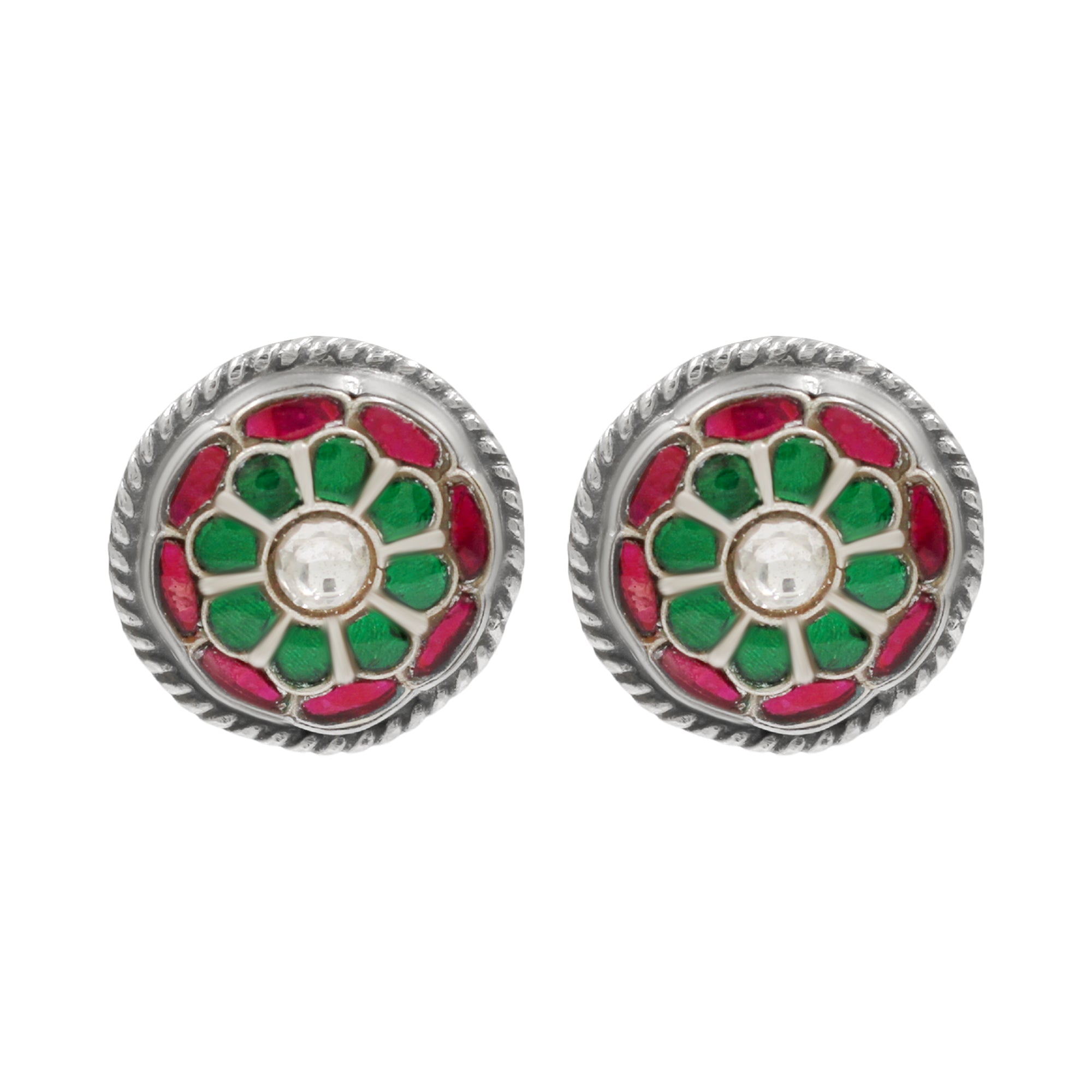 Sangeeta Boochra Green-Red Floral Kundan Silver Studs