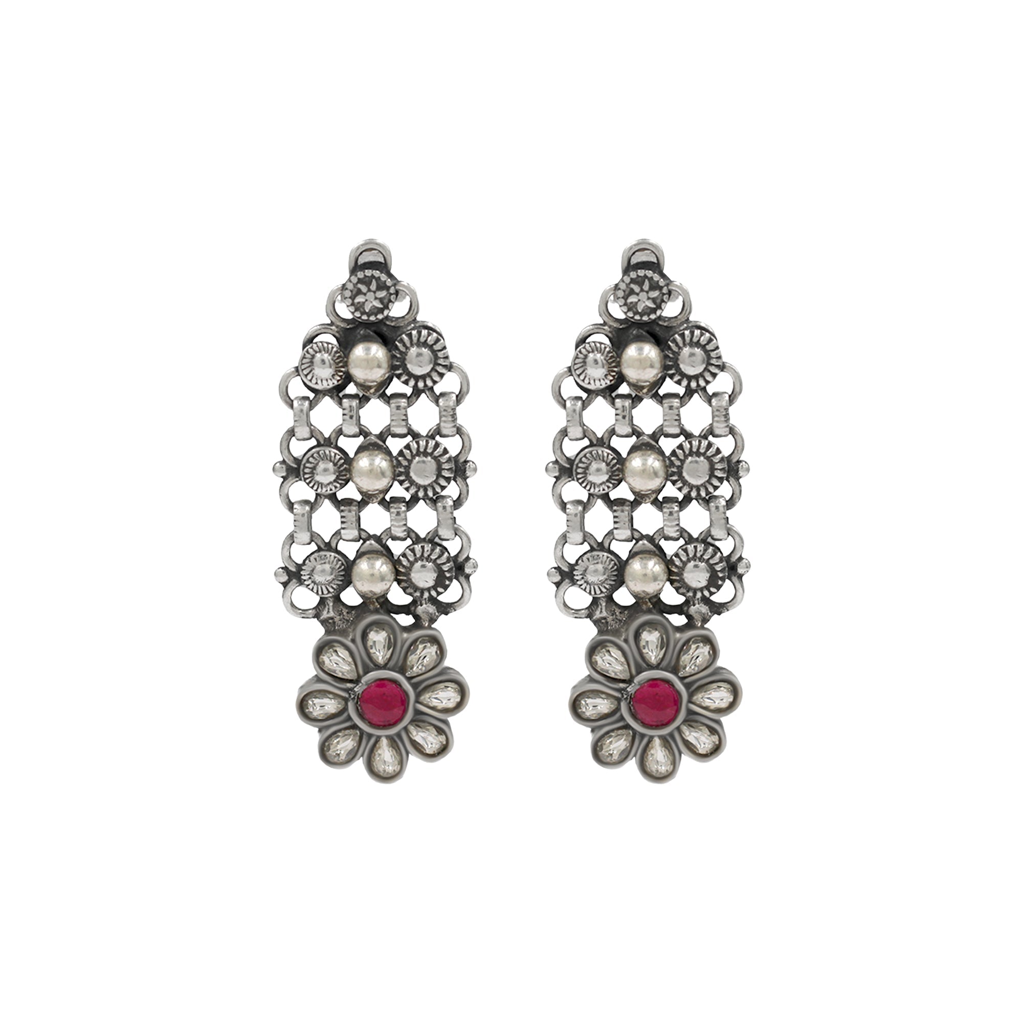 Sangeeta Boochra Floral Kundan Drop Silver Earrings