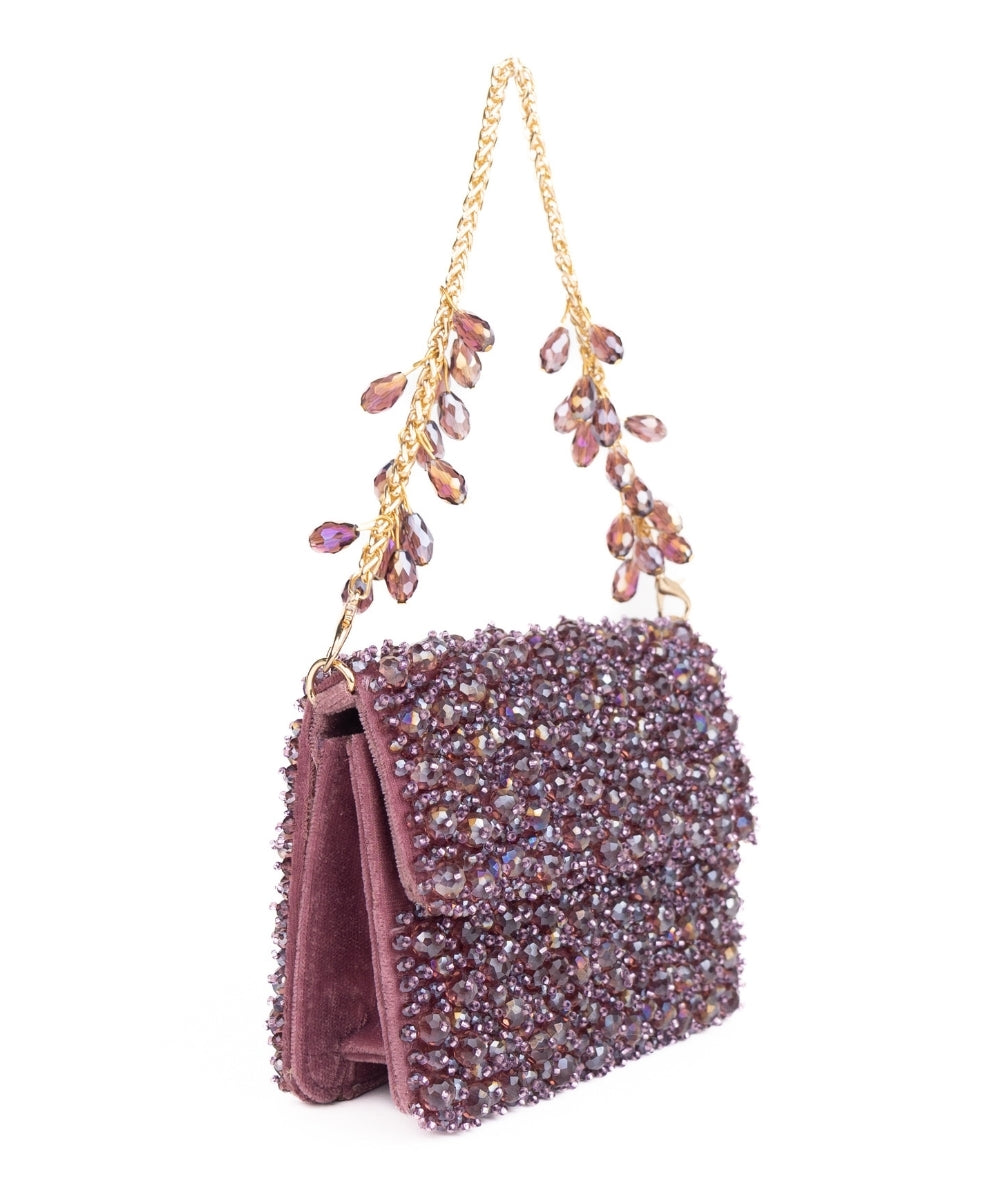 Kiyara Mauve Suede Crystal Embellished Mini Bag