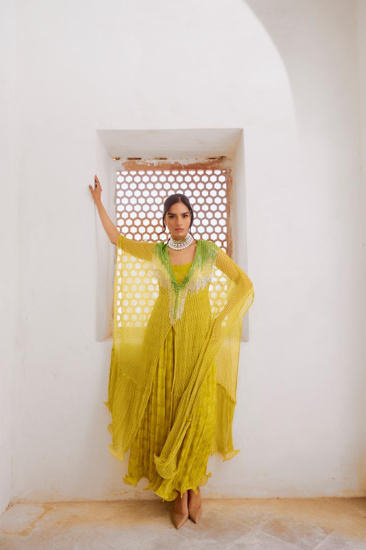 Image of Gulbahar lemon green bling kaftan dress set