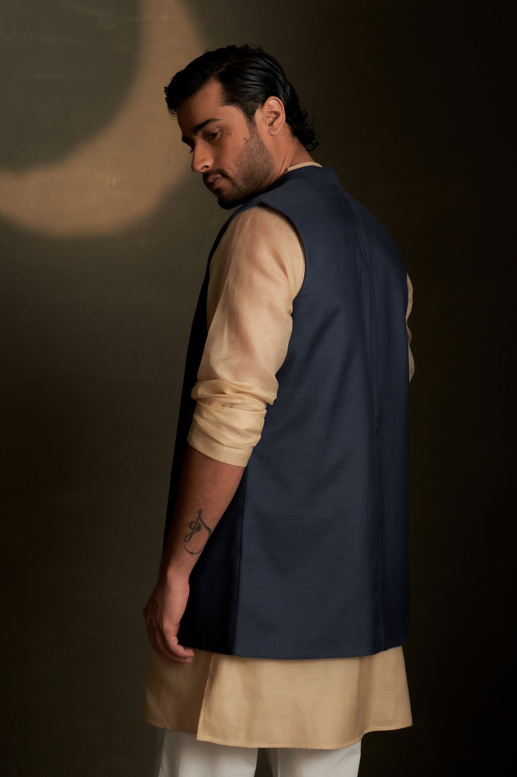 Beige Long Kurta Set with Blue Bundi