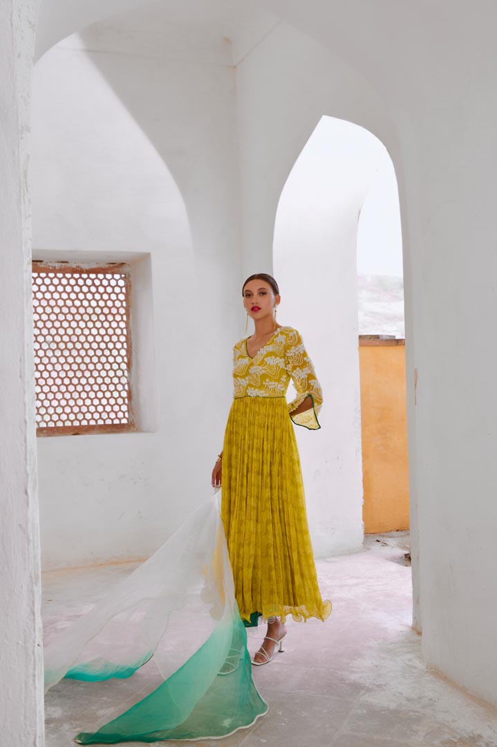 Image of Lemon green Bahaar anarkali set