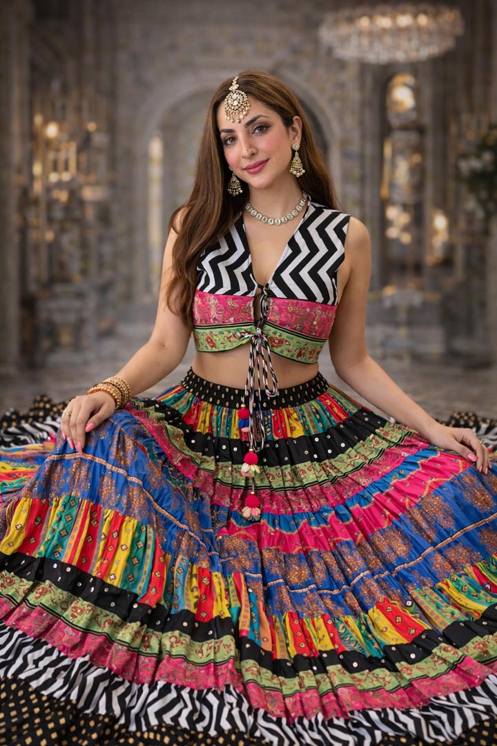 Black Banjara Mirror Work Satrangi Skirt Set for Navratri