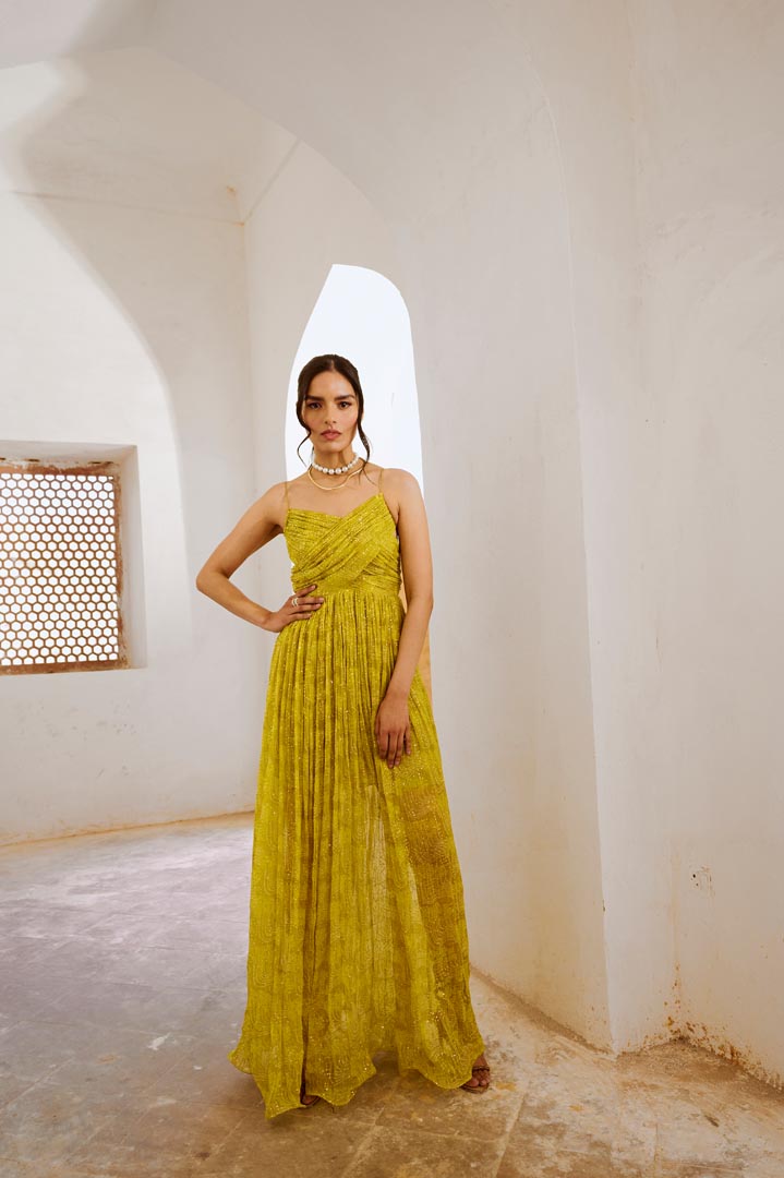 Image of Gulbahar Lemon green jugnu Bandeau Bodice maxi