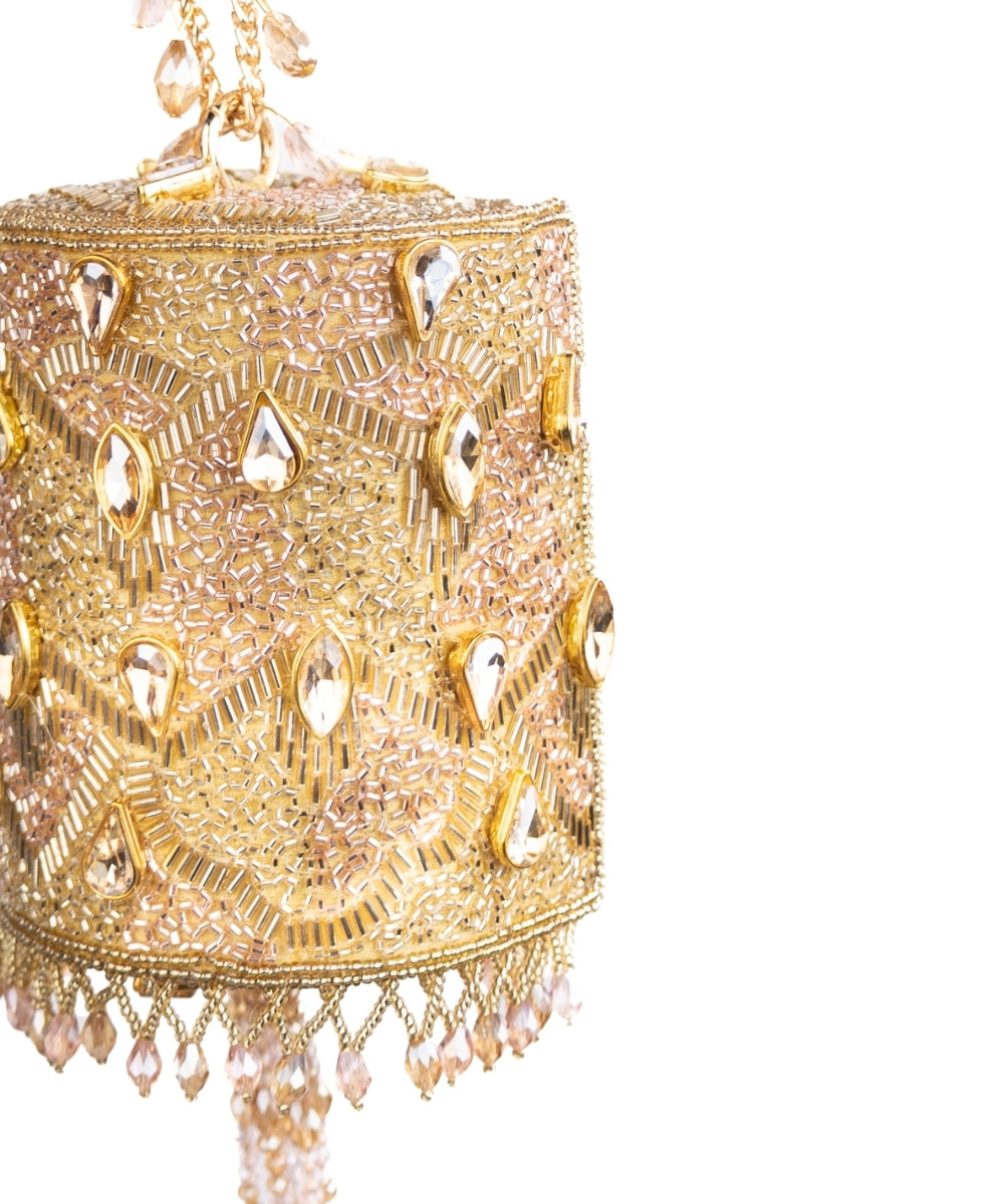 Rania Gold & Pink Georgette Embellished Cylinder Mini Bag