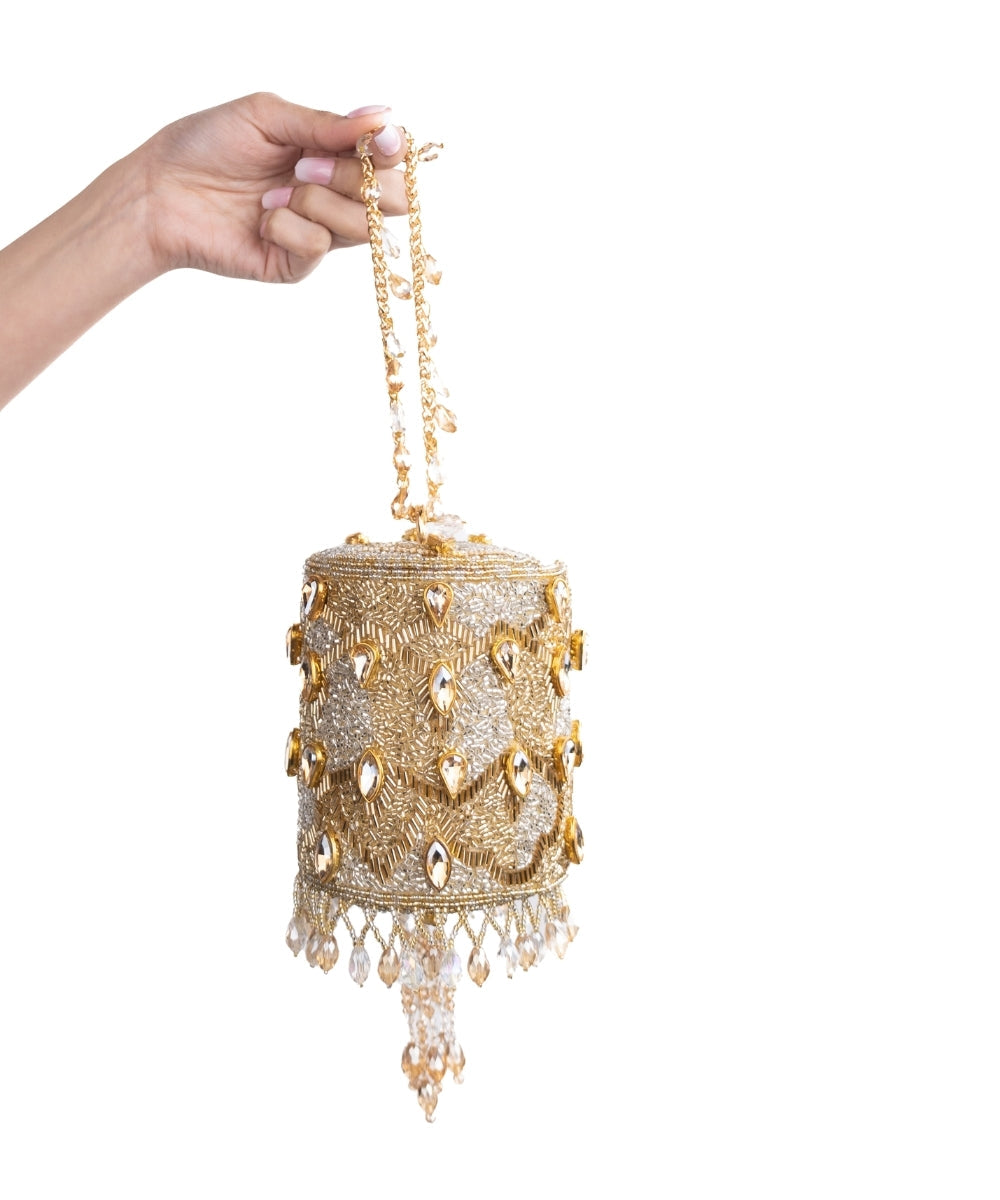 Rania Gold & Silver Georgette Embellished Cylinder Mini Bag