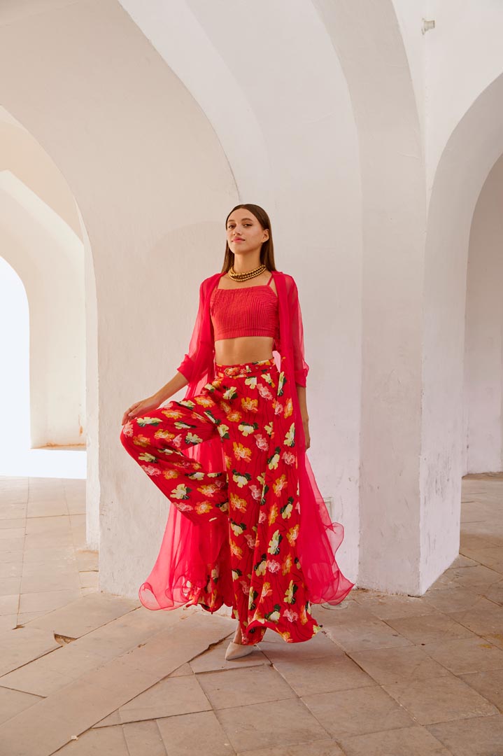 Image of Gulbahar Chilly red organza Jacket with  crop top and culottes set