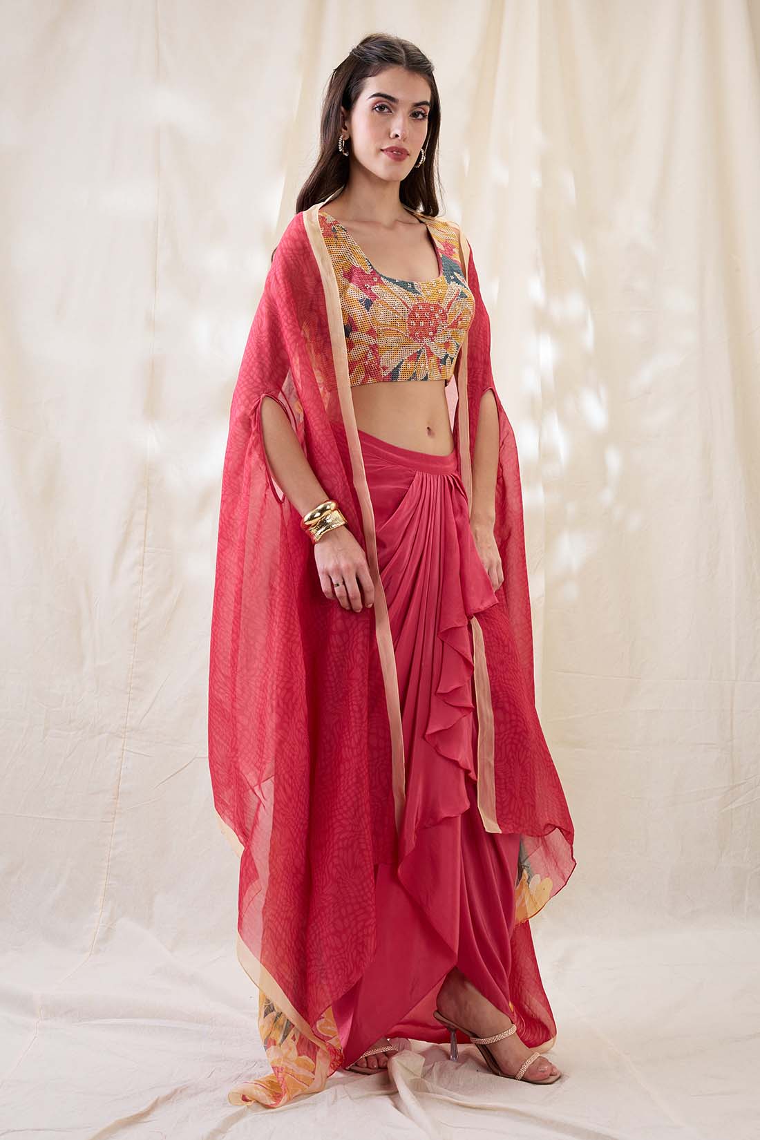 Ravya drape skirt set with embellished cape SP4731