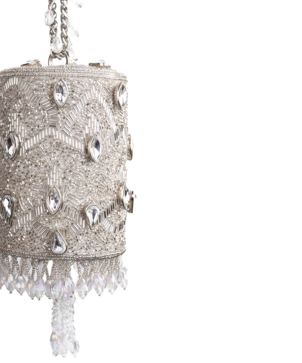 Rania Silver Georgette Embellished Cylinder Mini Bag