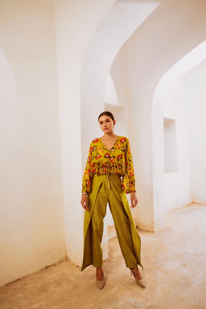 Image of Gulbahar Bumble bee green boho frill top with inner & fall pants set.