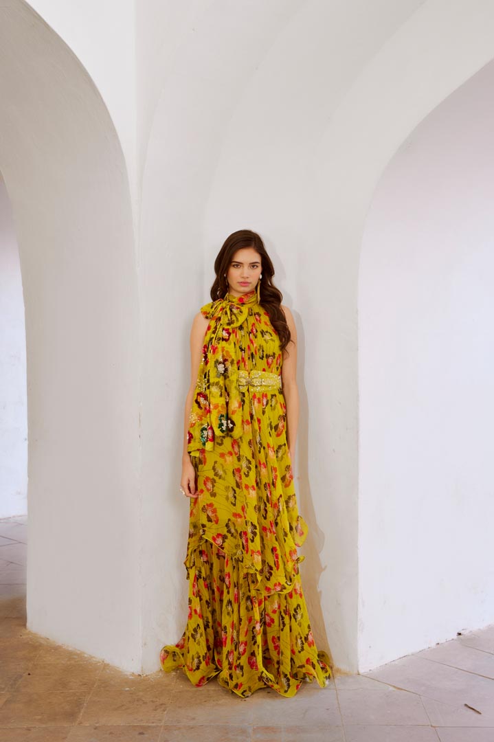 Image of Gulbahar Bumble bee green halter maxi with seperate bow & belt set.