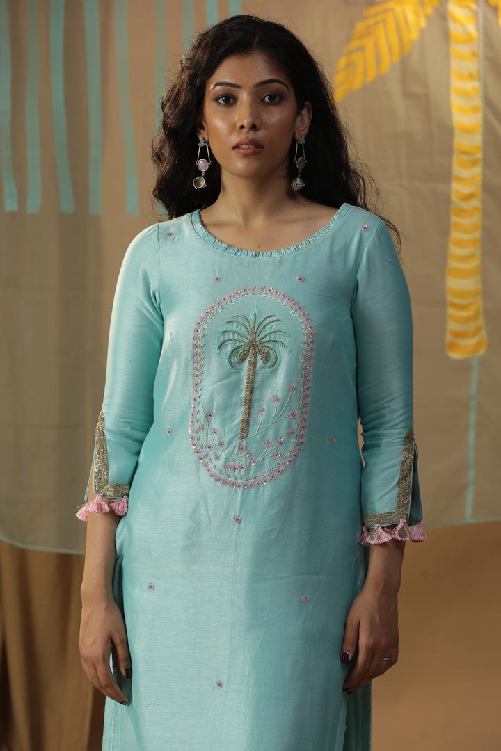 Image of SKY BLUE CENTRE PALM TREE SUIT SET