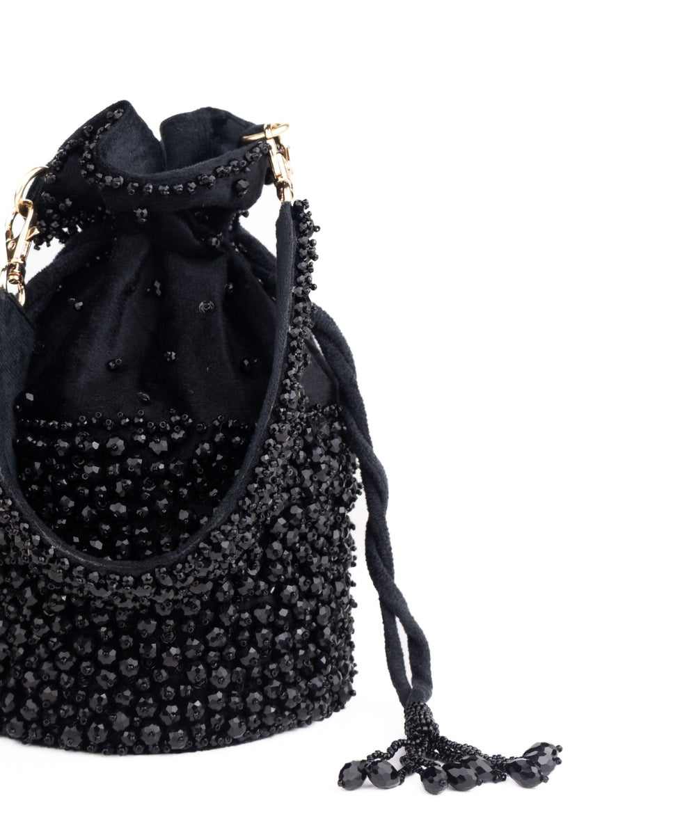 Zaria Black Suede Crystal Embellished Bucket Bag