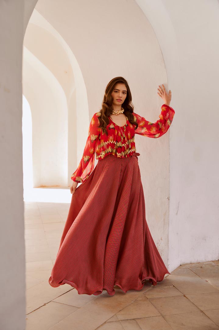 Image of Gulbahar Chilly  poppy boho top with stripe skirt and belt set