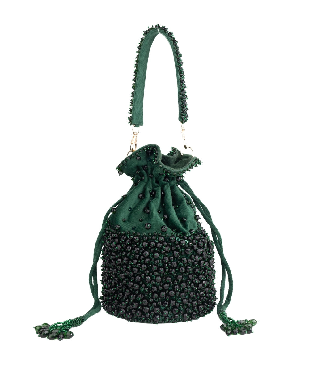 Zaria Green Suede Crystal Embellished Bucket Bag