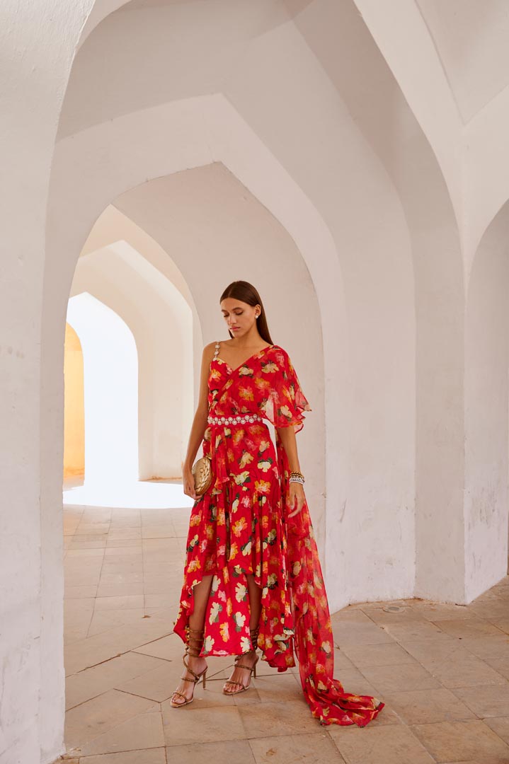 Image of Chilly red poppy  gul dress drape saree with belt