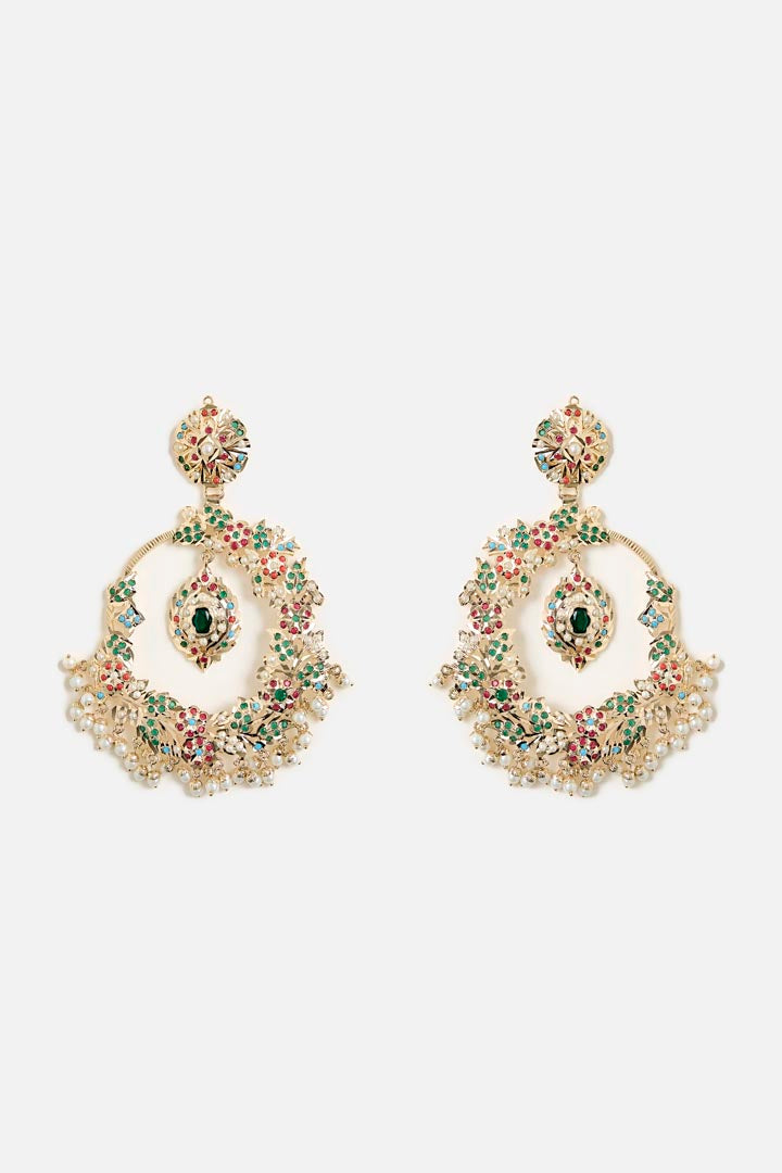 Oversized Chandbali Earrings with Multicolor Stones and Pearl Drops