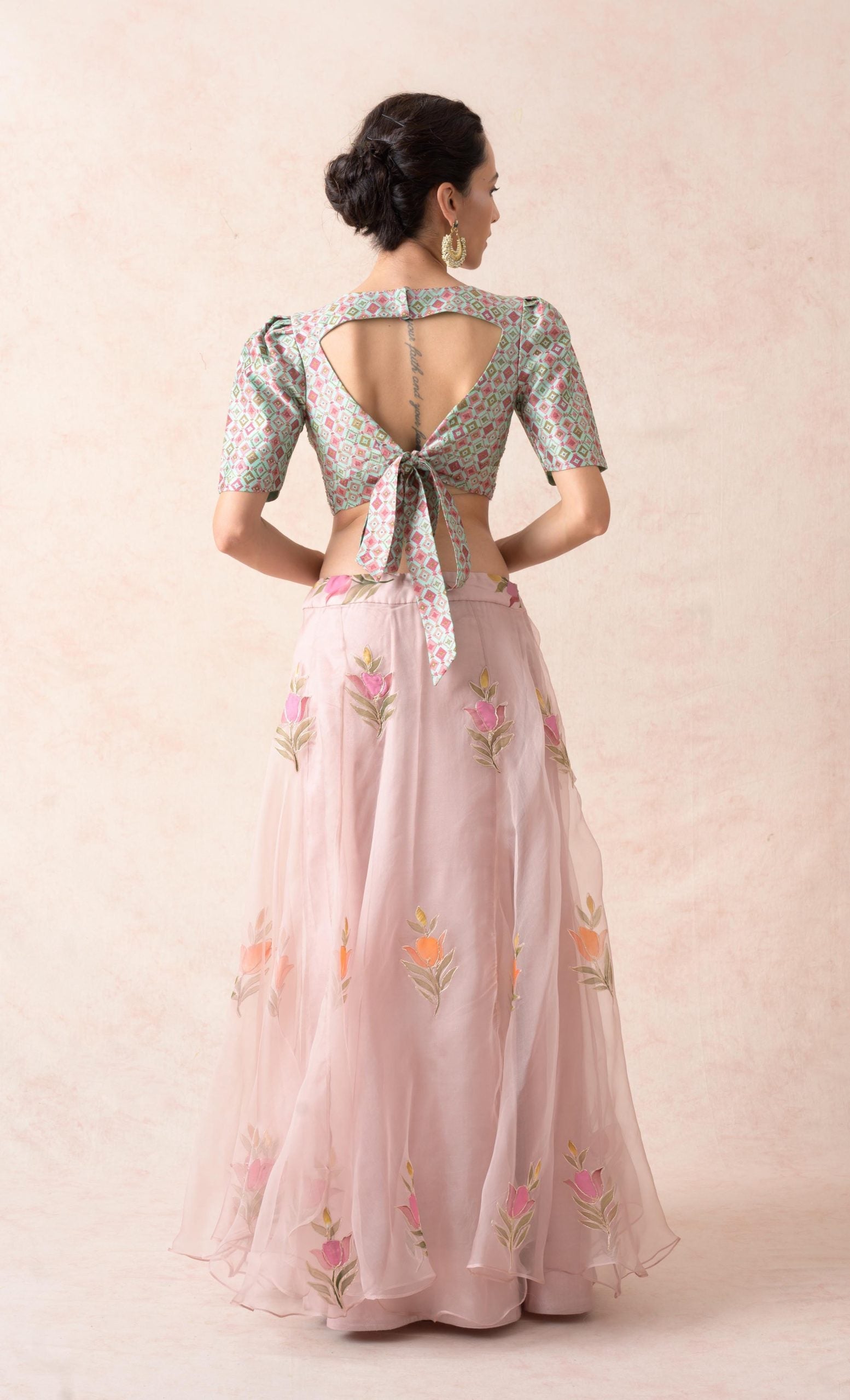 Hand embroidered blouse with powder pink organza lehenga with hand painted buttis, dupatta