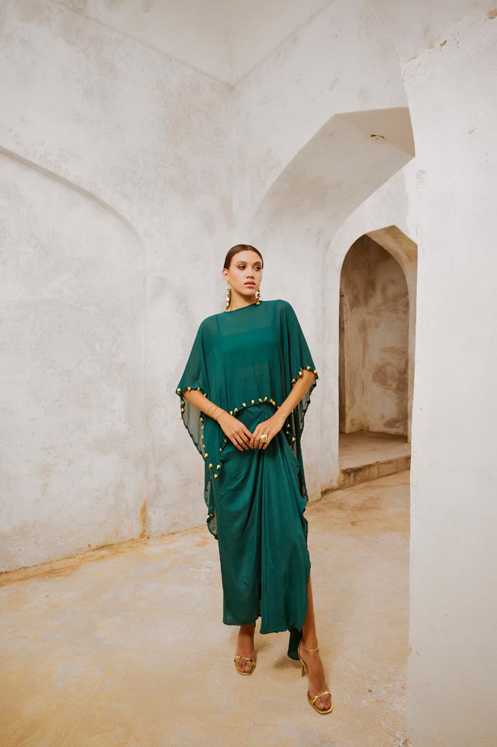 Image of Gulbahar Bottle green bell cape and drape skirt set