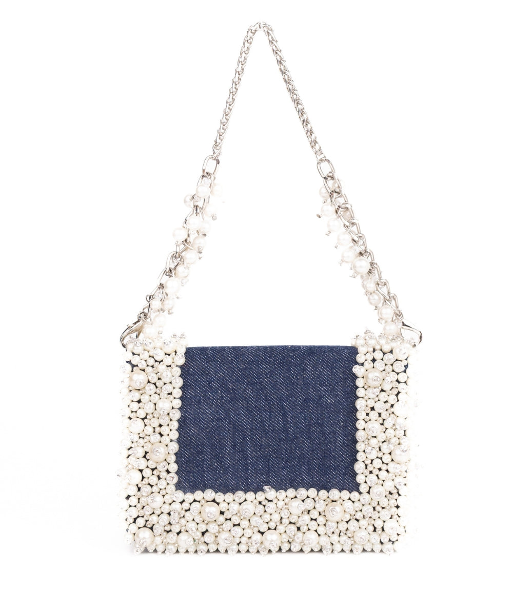 Elana Denim Pearl Embellished Mini Bag