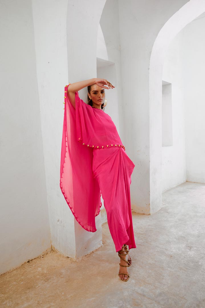 Image of Gulbahar Hot pink bell cape and drape skirt set