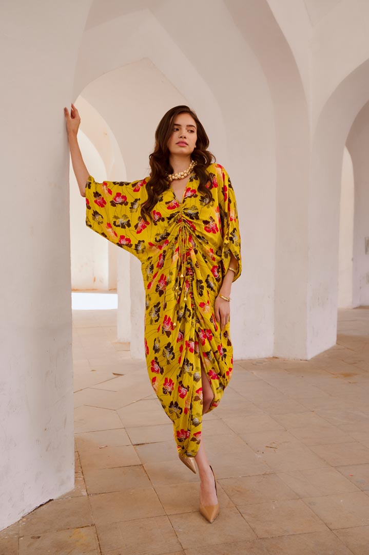 Image of Gulbahar  drawstring poppy kaftan dress