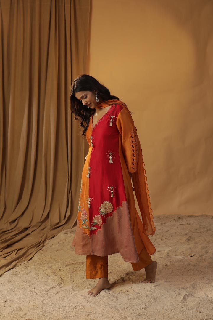 Image of ORANGE HANDPAINTED CHANDERI SILK SUIT SET