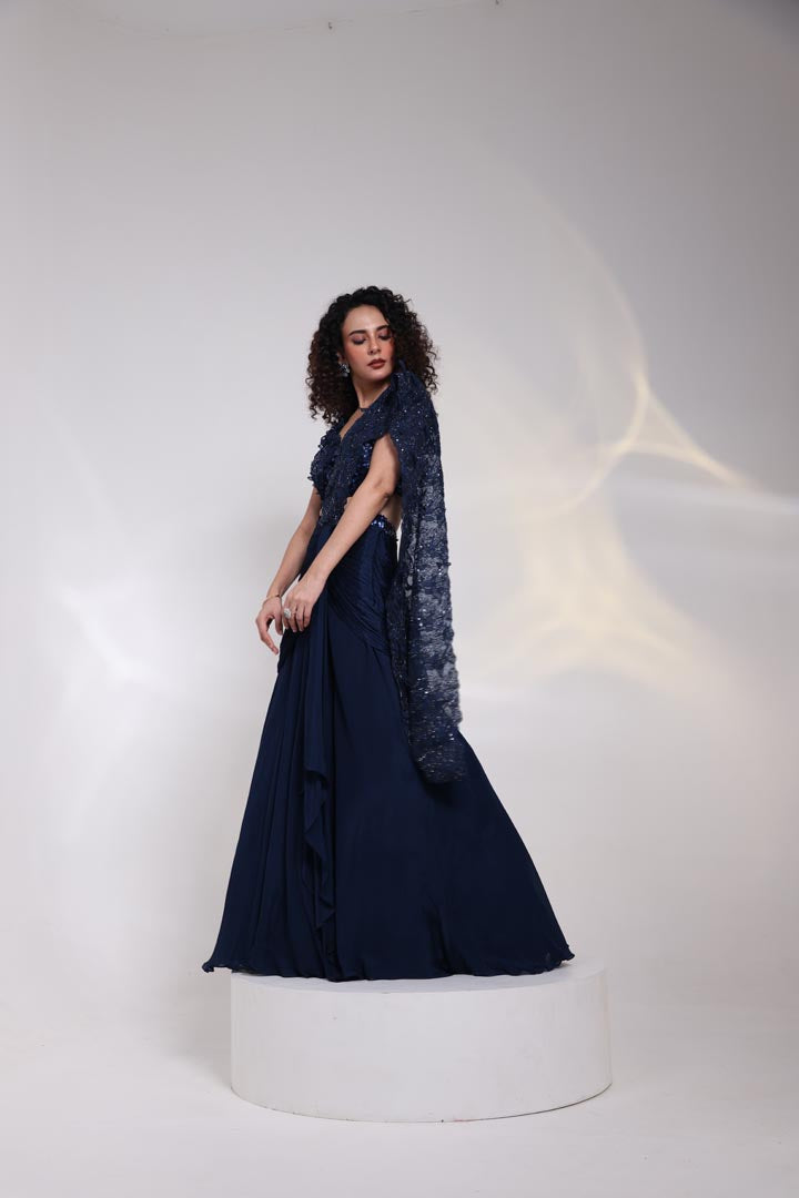 Navy Embellished Drape Saree AAD529BLUE