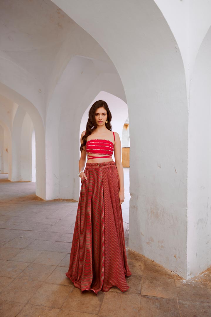 Image of Gulbahar Red Bandeau string top with stripe skirt and belt set