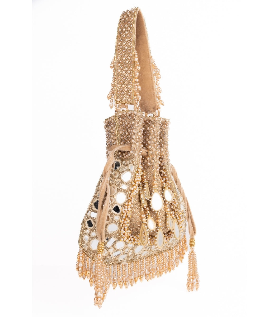 Tarah Gold Suede Mirror Embellished Potli