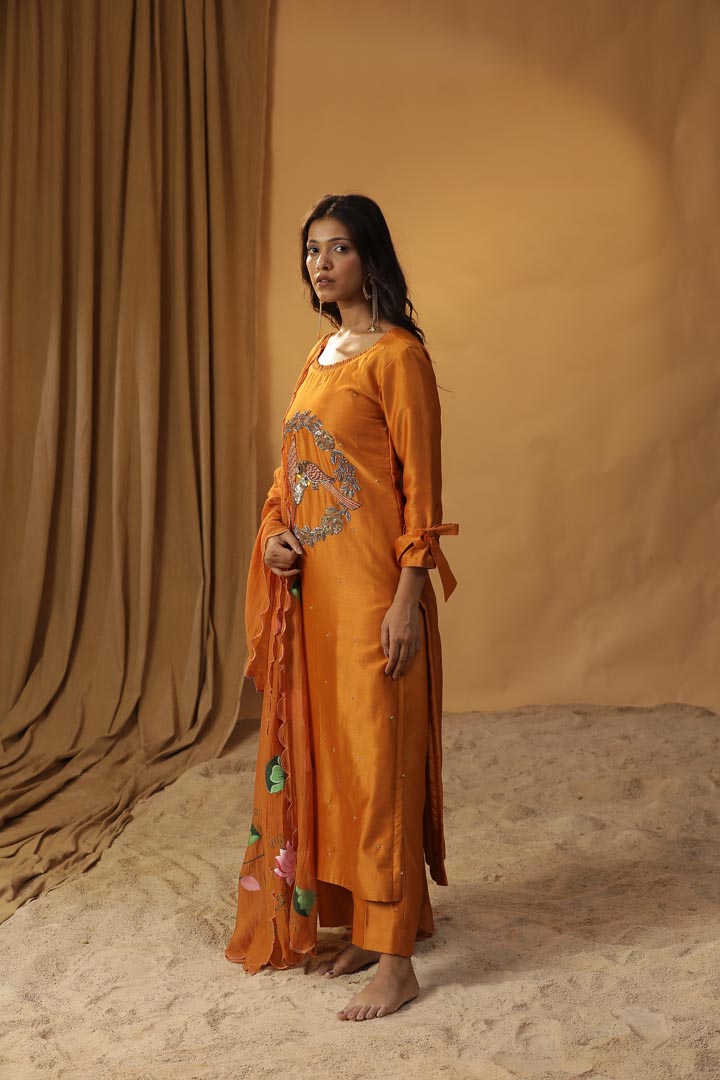 Image of RUST ORANGE BIRD EMBROIDERED SUIT SET