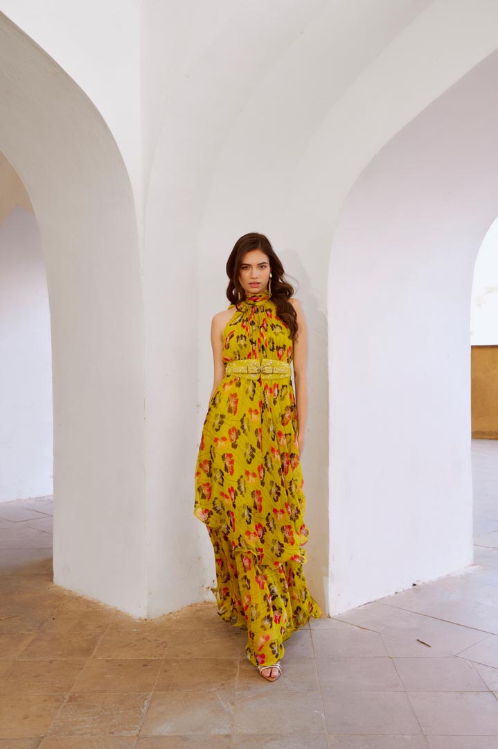 Image of Gulbahar Bumble bee green halter maxi with belt set.