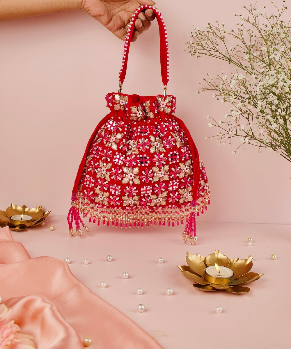 Rida Magenta Suede Gota Mirror Embellished Potli
