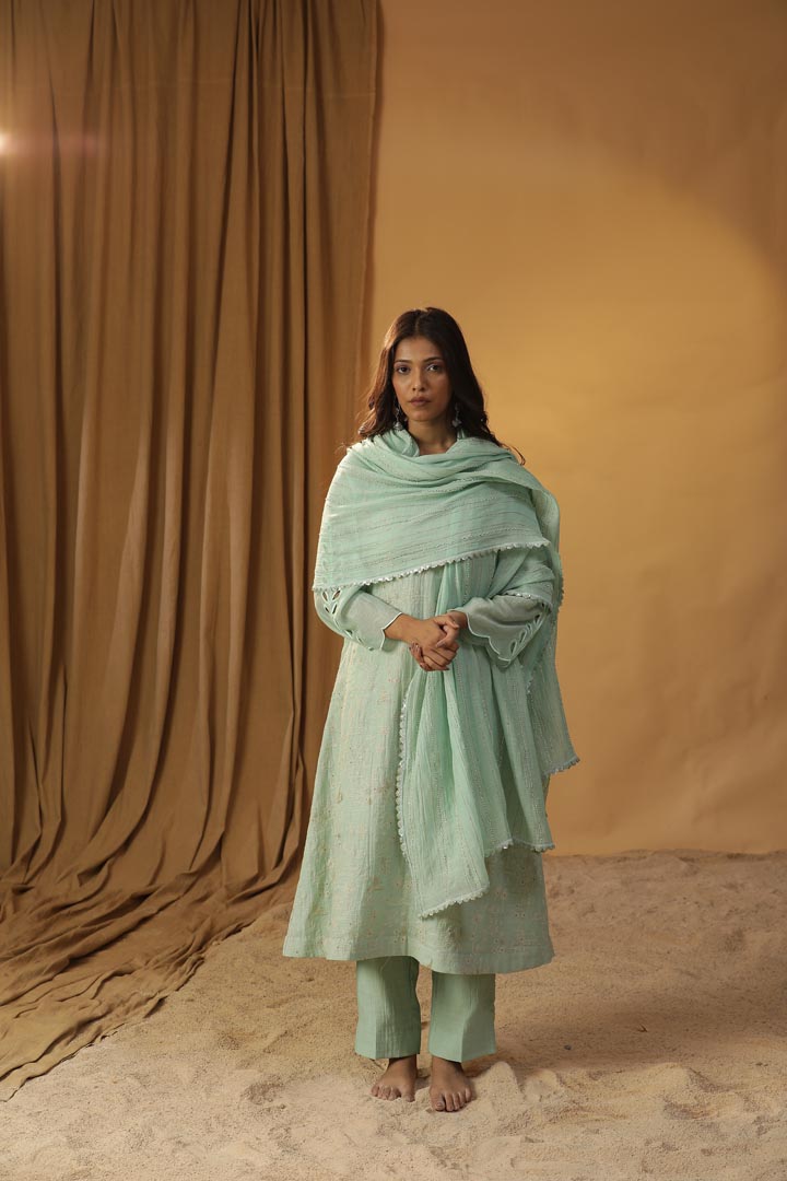 Image of SEA GREEN EMBROIDERED SUIT SET